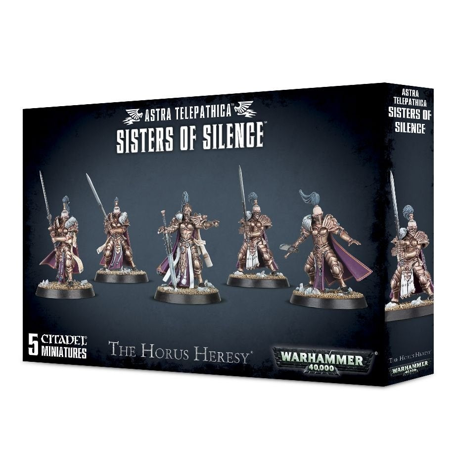 Dark navy miniature-kit box shown at an angle, with artwork of armored figures carrying long weapons in bronze armor, white robes and purple capes; the narrow side panel repeats the title. The front reads “SISTERS OF SILENCE” and “5 CITADEL MINIATURES.”