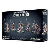 Dark navy miniature-kit box shown at an angle, with artwork of armored figures carrying long weapons in bronze armor, white robes and purple capes; the narrow side panel repeats the title. The front reads “SISTERS OF SILENCE” and “5 CITADEL MINIATURES.”