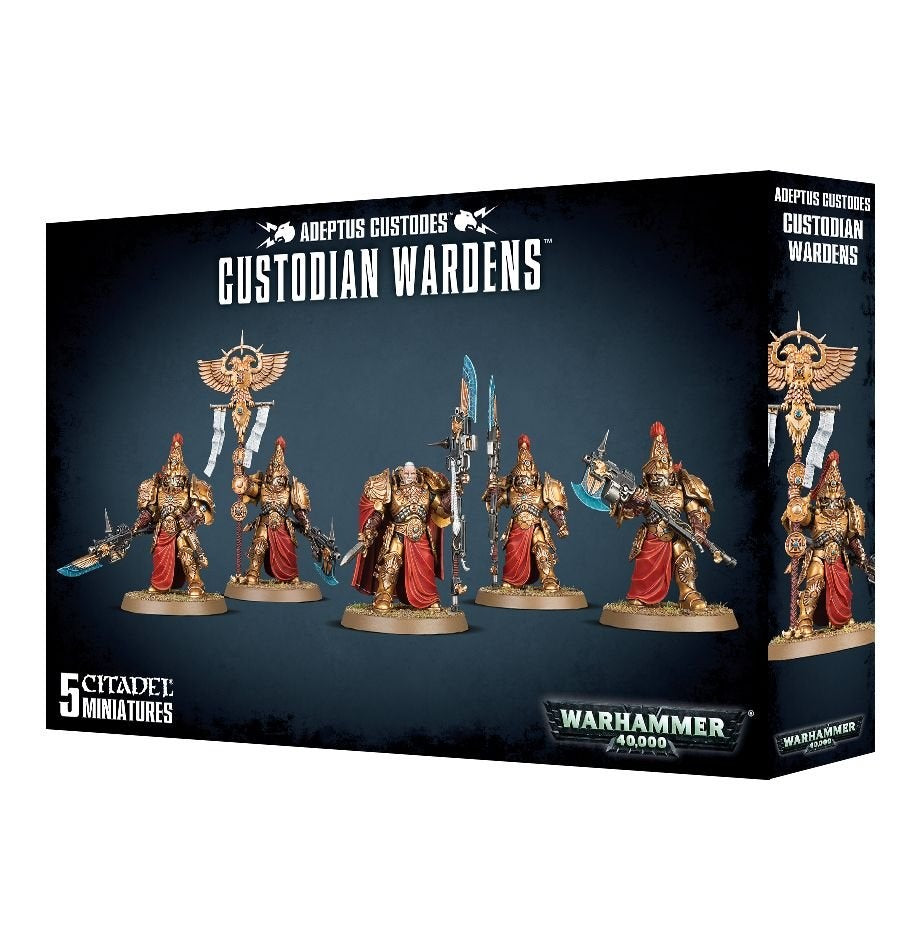 Box front and side showing five gold-armored Custodian Warden miniatures with red robes and assorted weapons, including spears and axes. The front reads “CUSTODIAN WARDENS” and “5 CITADEL MINIATURES.”