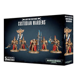 Box front and side showing five gold-armored Custodian Warden miniatures with red robes and assorted weapons, including spears and axes. The front reads “CUSTODIAN WARDENS” and “5 CITADEL MINIATURES.”