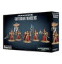 Box front and side showing five gold-armored Custodian Warden miniatures with red robes and assorted weapons, including spears and axes. The front reads “CUSTODIAN WARDENS” and “5 CITADEL MINIATURES.”