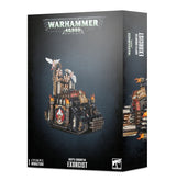 Black Warhammer 40,000 box showing an ornate black, red and gold Exorcist tank miniature with tall gothic towers, winged figures and flame details. The front reads “ADEPTA SORORITAS EXORCIST” and “1 CITADEL MINIATURE”; the right side shows another partial view of the tank.