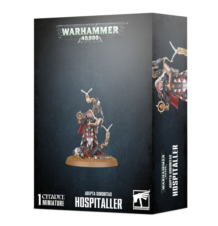 Dark Warhammer 40,000 box showing a red, black and white armored Hospitaller miniature tending to a fallen figure, with medical tools raised above them. The front reads “WARHAMMER 40,000” and “ADEPTA SORORITAS HOSPITALLER”; part of the side panel is visible.