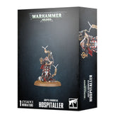 Dark Warhammer 40,000 box showing a red, black and white armored Hospitaller miniature tending to a fallen figure, with medical tools raised above them. The front reads “WARHAMMER 40,000” and “ADEPTA SORORITAS HOSPITALLER”; part of the side panel is visible.