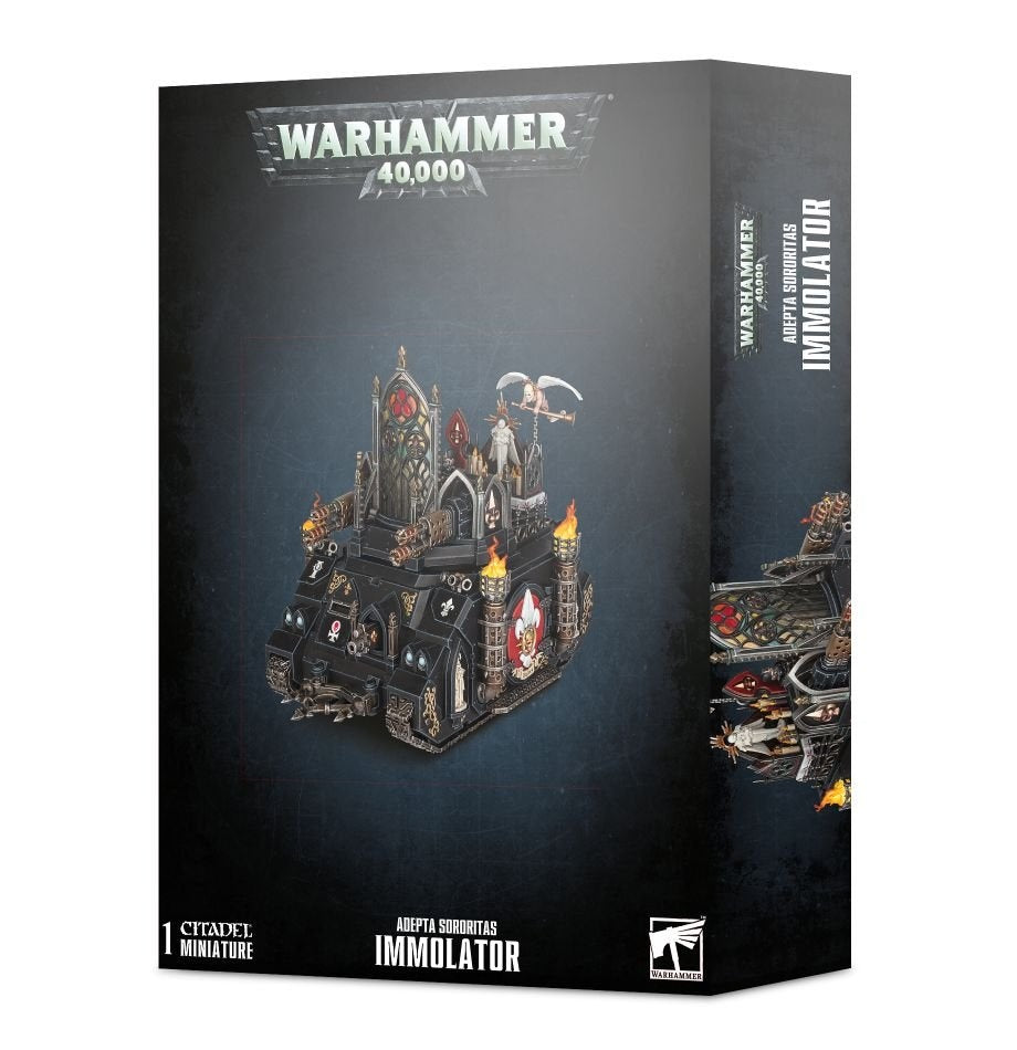 Dark Warhammer 40,000 Immolator miniature box, shown from the front and right side. The artwork depicts an ornate black armored vehicle with gothic towers, red-and-white insignia and flames; the box reads “WARHAMMER 40,000” and “ADEPTA SORORITAS IMMOLATOR”.
