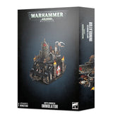 Dark Warhammer 40,000 Immolator miniature box, shown from the front and right side. The artwork depicts an ornate black armored vehicle with gothic towers, red-and-white insignia and flames; the box reads “WARHAMMER 40,000” and “ADEPTA SORORITAS IMMOLATOR”.