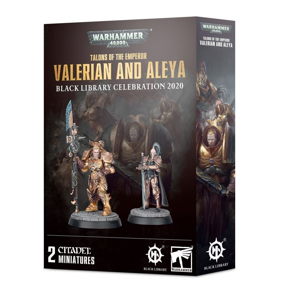 Boxed Valerian and Aleya miniature set, with two figures shown on the front: one in gold armor holding a tall blade and one in pale armor with a sword. The box reads “WARHAMMER 40,000,” “VALERIAN AND ALEYA,” and “2 CITADEL MINIATURES”; character artwork appears on the side.