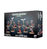 Black Warhammer 40,000 Battle Sisters Squad miniature box shown at an angle, with red-and-black armored figures pictured across the front and on the side. The front reads “WARHAMMER 40,000,” “BATTLE SISTERS SQUAD” and “11 CITADEL MINIATURES.”