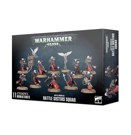 Black Warhammer 40,000 Battle Sisters Squad miniature box shown at an angle, with red-and-black armored figures pictured across the front and on the side. The front reads “WARHAMMER 40,000,” “BATTLE SISTERS SQUAD” and “11 CITADEL MINIATURES.”