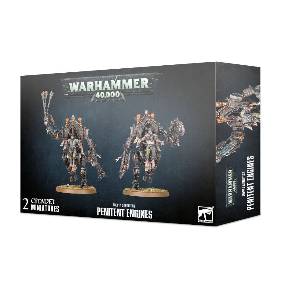 Front and right side of a dark Warhammer 40,000 box, showing two ornate, gray-and-bronze Penitent Engine miniatures with mechanical saws and flails. The box reads “WARHAMMER 40,000,” “2 CITADEL MINIATURES” and “PENITENT ENGINES.”