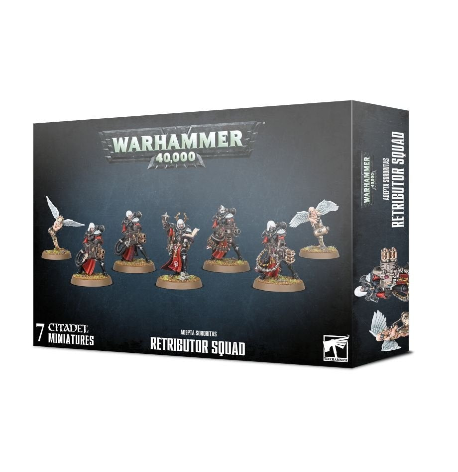 Dark Warhammer 40,000 box shown from the front and right side, with armored miniatures in black, red and gold and two winged cherubs pictured across the front. The box reads “WARHAMMER 40,000” and “RETRIBUTOR SQUAD.”
