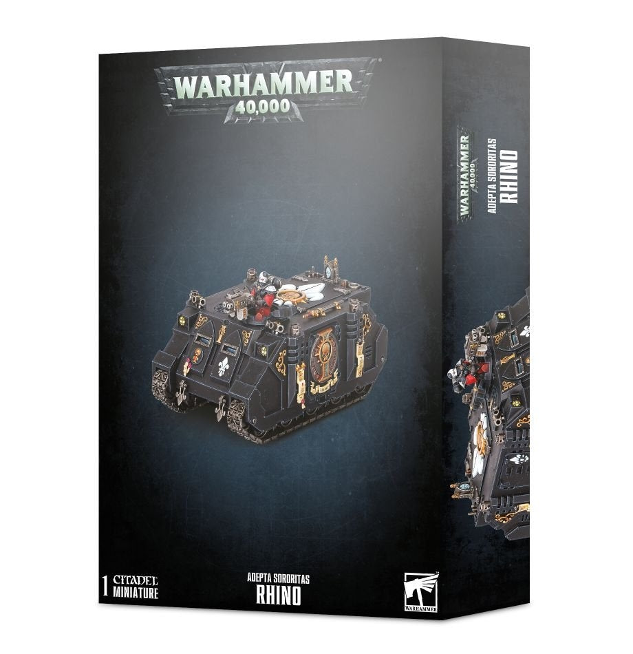 Black Warhammer 40,000 box for an Adepta Sororitas Rhino miniature, showing a dark armored transport with gold ornaments and white emblems on the front and a cropped vehicle view on the side. The box reads “WARHAMMER 40,000” and “ADEPTA SORORITAS RHINO.”