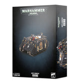 Black Warhammer 40,000 box for an Adepta Sororitas Rhino miniature, showing a dark armored transport with gold ornaments and white emblems on the front and a cropped vehicle view on the side. The box reads “WARHAMMER 40,000” and “ADEPTA SORORITAS RHINO.”