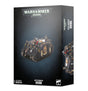 Black Warhammer 40,000 box for an Adepta Sororitas Rhino miniature, showing a dark armored transport with gold ornaments and white emblems on the front and a cropped vehicle view on the side. The box reads “WARHAMMER 40,000” and “ADEPTA SORORITAS RHINO.”