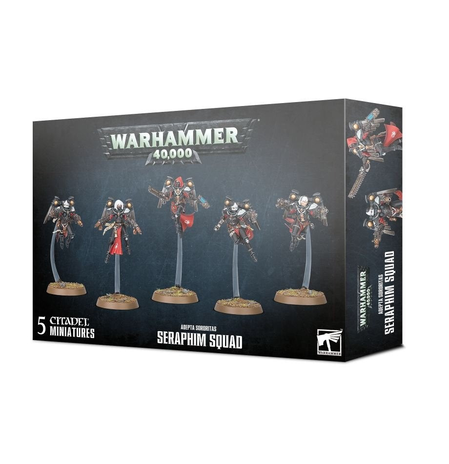 Dark gray Warhammer 40,000 box showing five flying armored Seraphim miniatures in black, silver and red, with a narrow side panel showing additional artwork. The front reads “WARHAMMER 40,000,” “SERAPHIM SQUAD” and “5 CITADEL MINIATURES.”