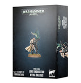 Dark charcoal Warhammer 40,000 box shown from the front and right side. The front depicts a pale-coated, armored miniature with green details on a round base and reads “LORD INQUISITOR KYRIA DRAXUS” and “1 CITADEL MINIATURE”; part of the character artwork appears on the side.