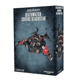 Box for the Deathwatch: Corvus Blackstar miniature, showing a dark gray futuristic aircraft with red wing panels from angled and front views against a mottled blue-gray background. The box reads “DEATHWATCH CORVUS BLACKSTAR” and “1 MINIATURE.”
