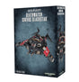 Box for the Deathwatch: Corvus Blackstar miniature, showing a dark gray futuristic aircraft with red wing panels from angled and front views against a mottled blue-gray background. The box reads “DEATHWATCH CORVUS BLACKSTAR” and “1 MINIATURE.”