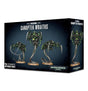 Box for Necrons: Canoptek Wraiths, showing three dark metallic, skeletal serpentine miniatures with bright green details on the front and one on the side panel. The box reads “CANOPTEK WRAITHS,” “3 CITADEL MINIATURES” and “WARHAMMER 40000.”