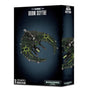 Black Games Workshop box showing a dark gray, crescent-shaped Necron spacecraft miniature with bright green geometric markings and silver details. The box reads “NECRONS” and “DOOM SCYTHE,” with a second partial view of the craft on its side.