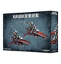 Box for Harlequin Skyweavers showing two masked riders on sleek flying bikes with burgundy and red-orange checkerboard panels, plus a partial repeat of the artwork on the right side. The front reads “HARLEQUIN SKYWEAVERS” and “2 MINIATURES.”
