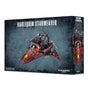 Box for a Harlequin Starweaver miniature, shown at an angle with front and side panels visible. The artwork depicts a dark maroon flying craft with red and orange checkerboard markings and several riders; the front reads “HARLEQUIN STARWEAVER” and “1 MINIATURE.”
