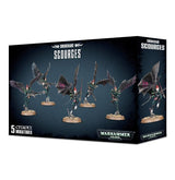 Dark blue and black Drukhari Scourges miniature box showing five winged, teal-armored figures with weapons on round bases across the front and side panels. The box reads “DRUKHARI SCOURGES,” “5 CITADEL MINIATURES” and “WARHAMMER 40,000.”