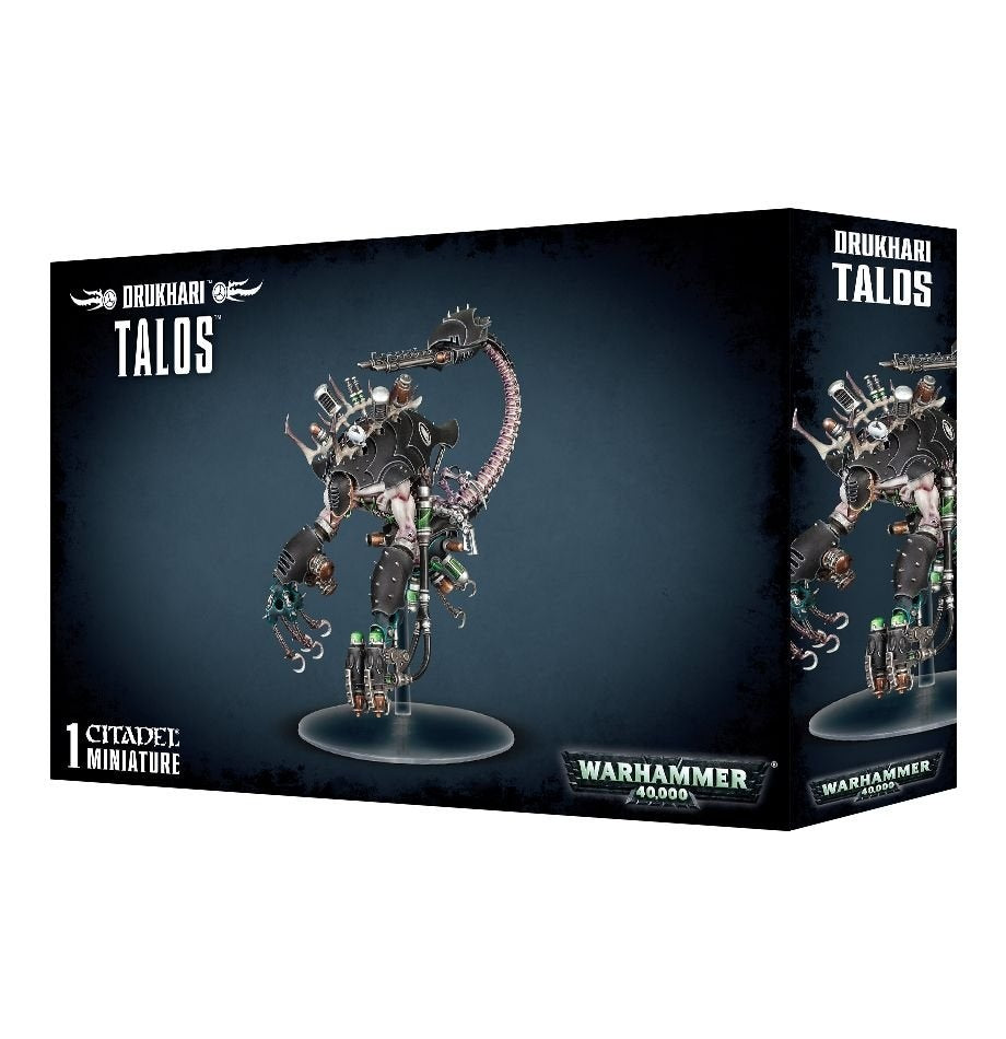 Black Drukhari Talos miniature box shown from the front and right side, with artwork of a hovering, spiked armored figure on an oval base. The box reads “DRUKHARI TALOS” and “WARHAMMER 40,000.”