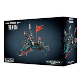 Black Drukhari Venom miniature box shown from the front and right side, with artwork of a dark flying vehicle carrying armored figures, accented in teal and red. The front reads “DRUKHARI VENOM” and “WARHAMMER 40,000.”