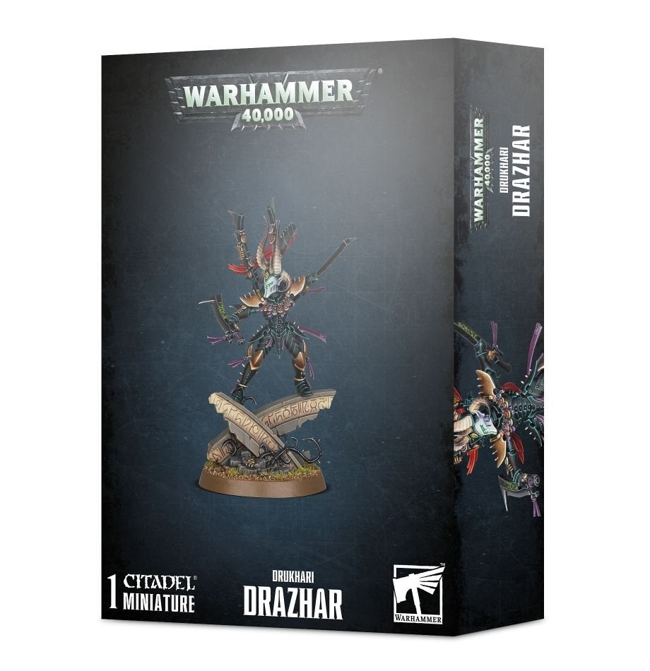 Black Warhammer 40,000 box showing Drazhar, an armored miniature with dark, gold and red details, standing on a sculpted base; part of the figure artwork continues onto the narrow side panel. The box reads “WARHAMMER 40,000” and “DRAZHAR.”