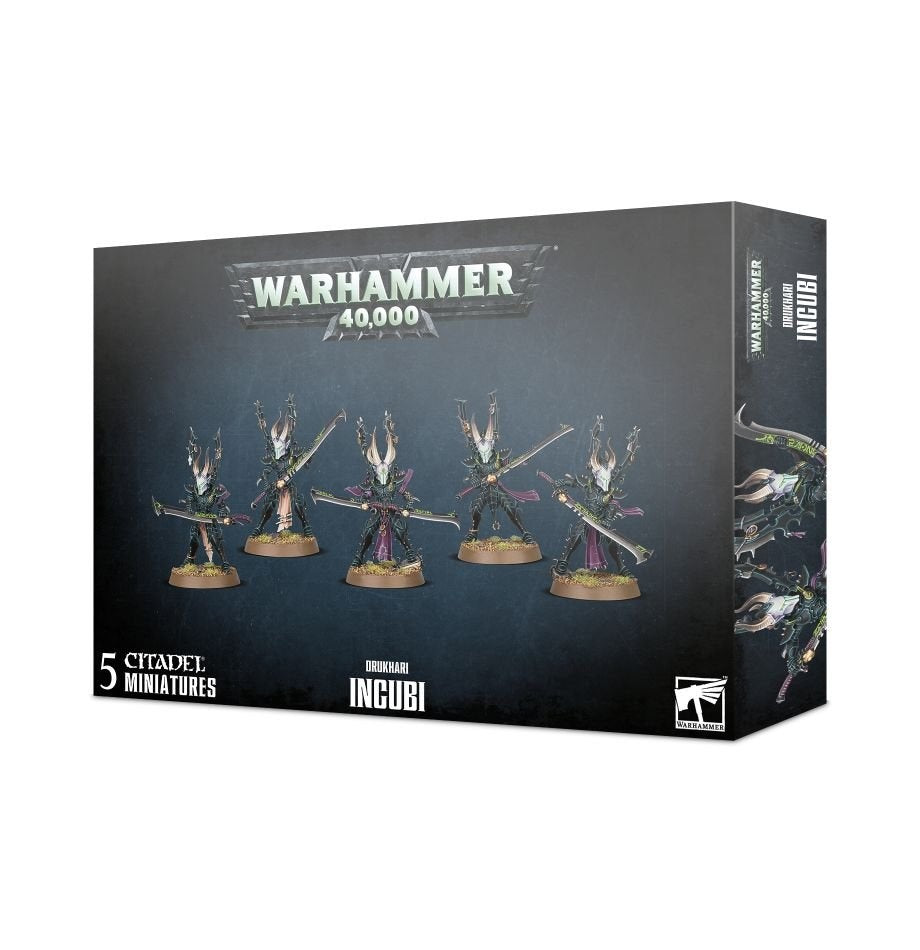 Dark gray Warhammer 40,000 box showing five spiked, armored Drukhari figures with long blades and green accents on the front, with character artwork continuing on the right side. Text reads “WARHAMMER 40,000” and “INCUBI.”