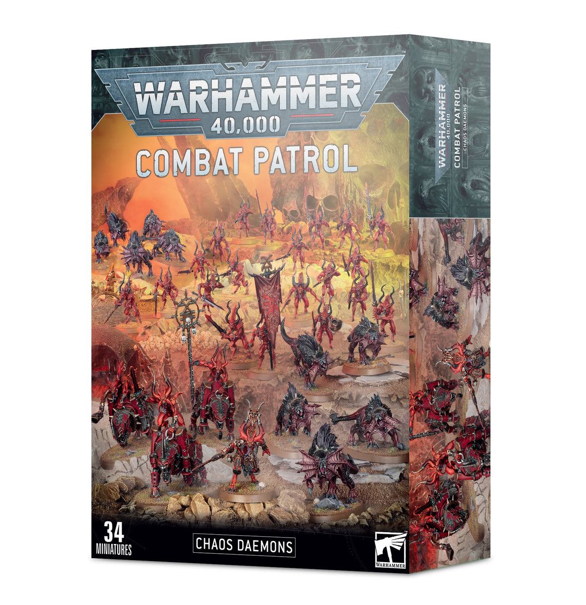 Box front and right side showing red, black and gray Chaos Daemons miniatures across a rocky battlefield beneath an orange-yellow sky. The front reads “WARHAMMER 40,000,” “COMBAT PATROL,” “CHAOS DAEMONS” and “34 MINIATURES.”