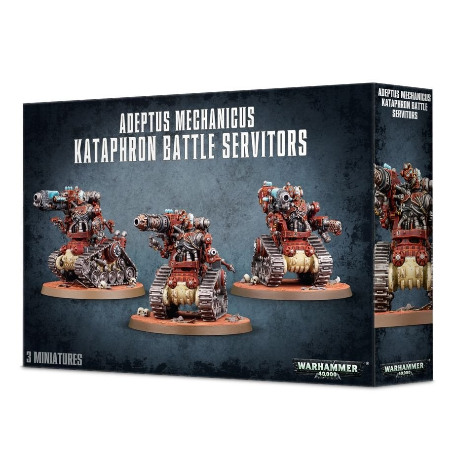 Front and right side of a dark game box showing three red-and-metal tracked Kataphron battle servitor miniatures with weapons and round bases. The front reads “ADEPTUS MECHANICUS KATAPHRON BATTLE SERVITORS” and “3 MINIATURES.”