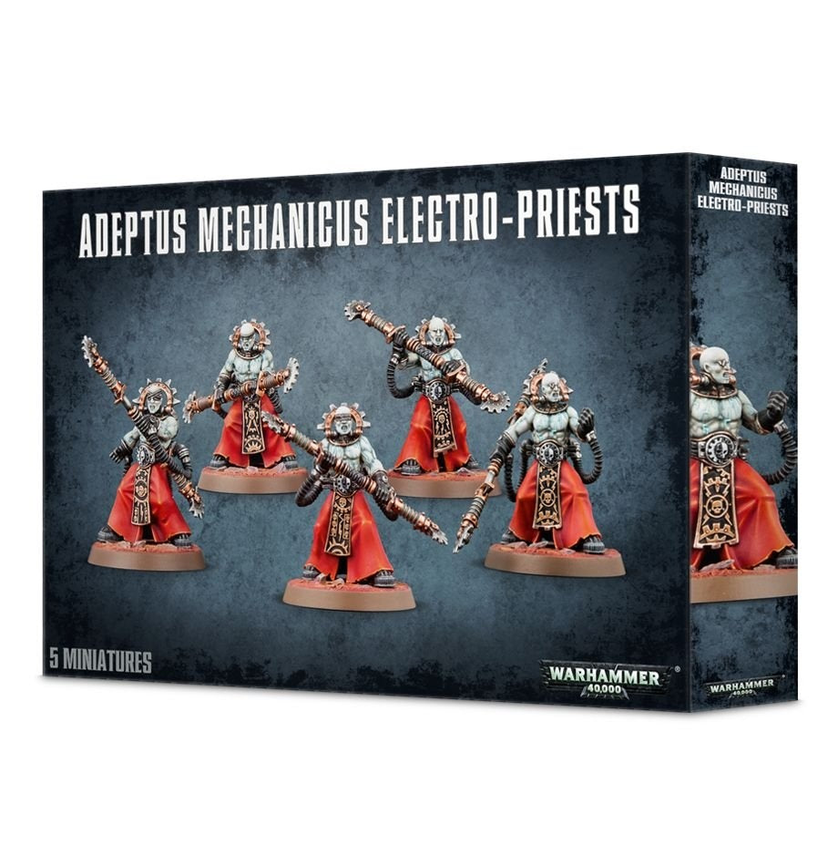 Box for five Adeptus Mechanicus Electro-Priest miniatures, showing five pale, mechanical figures in red robes holding staffs on round bases against a dark blue-gray background. The narrow side repeats a figure; front text reads “ADEPTUS MECHANICUS ELECTRO-PRIESTS” and “5 MINIATURES.”