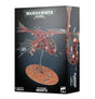 Box for an Adeptus Mechanicus Archaeopter miniature, showing a red aircraft with a glass-front cockpit, black insignia-marked wings and a curved stand on a rocky oval base; the narrow side shows a close-up. The front reads “WARHAMMER 40,000” and “ARCHAEOPTER”.