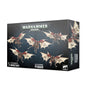 Warhammer 40,000 miniature set box, shown from the front and right side, with artwork of red and metallic winged figures with pale cream, batlike wings. The front reads “WARHAMMER 40,000,” “5 CITADEL MINIATURES,” and “ADEPTUS MECHANICUS PTERAXII.”