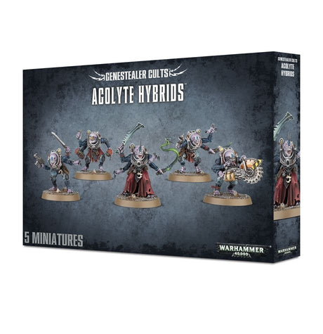 A dark gray-blue game box shows five armed, alien-looking Acolyte Hybrid miniatures on round bases, with armor, tools and red robes. The front reads “GENESTEALER CULTS” and “ACOLYTE HYBRIDS”; a narrow side panel repeats the artwork.