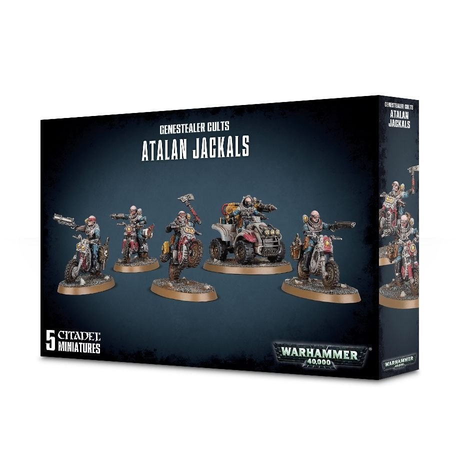 Black and blue Games Workshop box showing five armed sci-fi riders on motorcycles and a quad vehicle; the narrow side repeats the artwork. Front text reads “GENESTEALER CULTS,” “ATALAN JACKALS,” “5 CITADEL MINIATURES” and “WARHAMMER 40,000.”