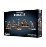 Black and blue Games Workshop box showing five armed sci-fi riders on motorcycles and a quad vehicle; the narrow side repeats the artwork. Front text reads “GENESTEALER CULTS,” “ATALAN JACKALS,” “5 CITADEL MINIATURES” and “WARHAMMER 40,000.”