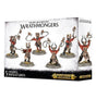 Box front and side showing five horned, armored fantasy warriors in red, black and bone-colored details, wielding weapons on round bases. The front reads “WRATHMONGERS” and “5 CITADEL MINIATURES,” with Warhammer Age of Sigmar logos.