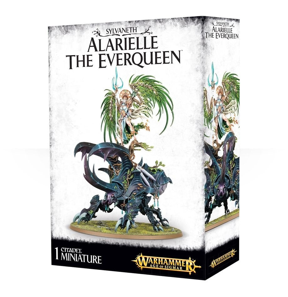A white box for a Warhammer miniature shows Alarielle, a winged figure with flowing green hair, riding a dark blue-green, horned creature on an oval base. The front reads “SYLVANETH ALARIELLE THE EVERQUEEN” and “1 CITADEL MINIATURE”; the right side repeats the miniature artwork.