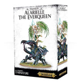 A white box for a Warhammer miniature shows Alarielle, a winged figure with flowing green hair, riding a dark blue-green, horned creature on an oval base. The front reads “SYLVANETH ALARIELLE THE EVERQUEEN” and “1 CITADEL MINIATURE”; the right side repeats the miniature artwork.