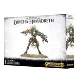 Box front shows a green, turquoise and brown tree-like fantasy miniature with outstretched clawed arms on an oval base; a narrow side panel repeats the figure. Prominent text reads “DRYCHA HAMADRETH” and “SYLVANETH.”