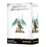 White, weathered-look box showing a turquoise-winged, branchlike fantasy miniature with a long spear on a round base; the front and right side show different views. Text reads “SYLVANETH,” “DRUANTI THE ARCH-REVENANT,” and “1 CITADEL MINIATURE.”