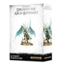 White, weathered-look box showing a turquoise-winged, branchlike fantasy miniature with a long spear on a round base; the front and right side show different views. Text reads “SYLVANETH,” “DRUANTI THE ARCH-REVENANT,” and “1 CITADEL MINIATURE.”