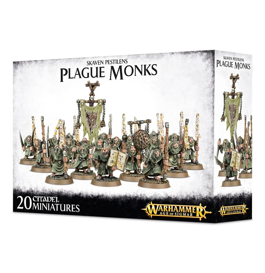 Box front and right side show a group of green-robed rat-like Plague Monk miniatures carrying staffs, blades, books, a banner and a gong. The front reads “PLAGUE MONKS” and “20 CITADEL MINIATURES,” with a Warhammer Age of Sigmar logo.
