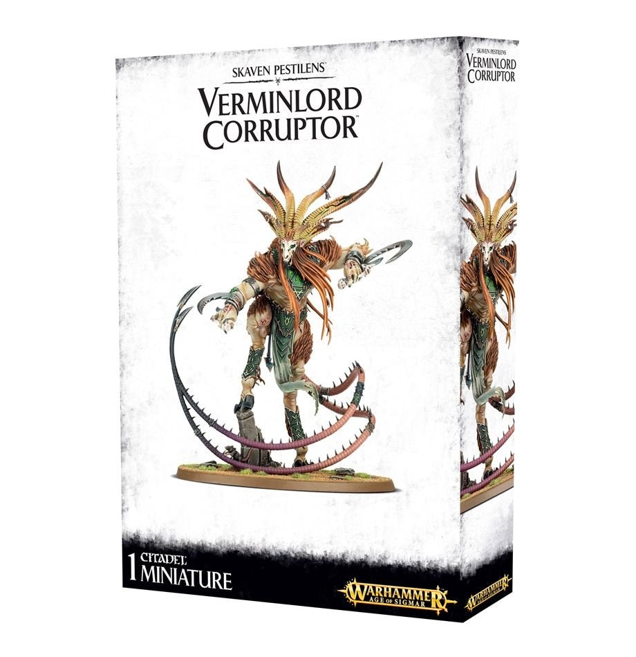 Box front and right side show a painted, horned ratlike Verminlord miniature with reddish-brown fur, green armor, a curved blade and a long curling tail. The package reads “SKAVEN PESTILENS” and “VERMINLORD CORRUPTOR.”