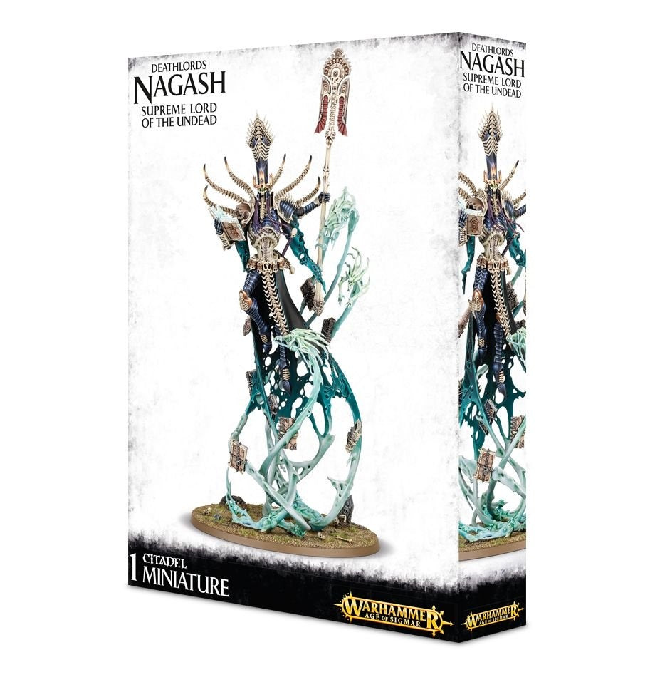Angled box for a Nagash miniature, showing the front and right side. The artwork depicts a tall undead figure in dark armor with gold details, holding a staff amid pale turquoise skeletal tendrils; the box reads “DEATHLORDS NAGASH SUPREME LORD OF THE UNDEAD” and “1 CITADEL MINIATURE.”
