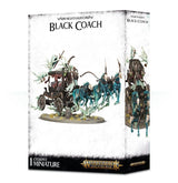 Box front for a Nighthaunt Black Coach miniature, showing a dark ornate carriage pulled by spectral teal horses, surrounded by pale green ghostly figures on an oval base; a second view appears on the right side panel. Text reads “NIGHTHAUNT BLACK COACH” and “1 CITADEL MINIATURE.”