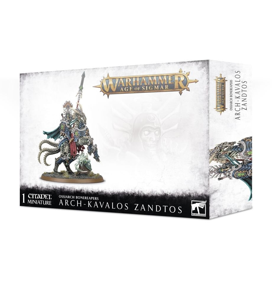 White and gray Warhammer box showing an ornate skeletal rider on a mount, holding a long spear, with teal and red accents. The front reads “WARHAMMER AGE OF SIGMAR” and “ARCH-KAVALOS ZANDTOS”; the right side shows vertical product text and cropped artwork.